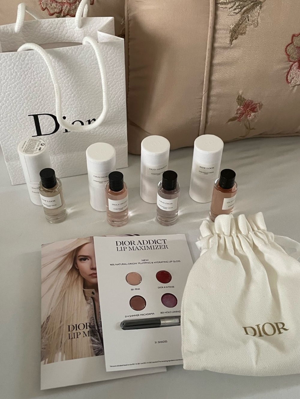 Dior miniatures, and Lip Maximizer Sample Set - With white Dior bag and pouch.